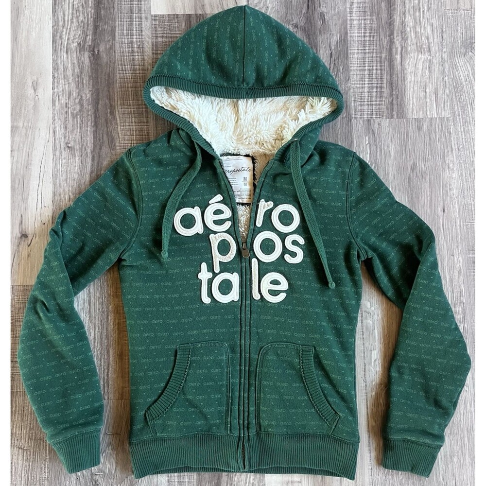 Vintage Y2K Aeropostale Women's Medium Green Full Zip Fur Lined Hoodie AOP